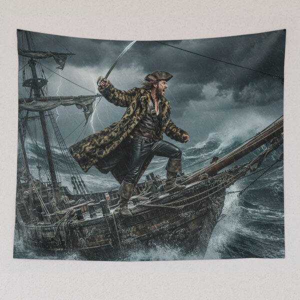 Item preview, Epic Storm Pirate Captain: Dark Fantasy Galleon Ship Art Print designed and sold by AfresStudio.