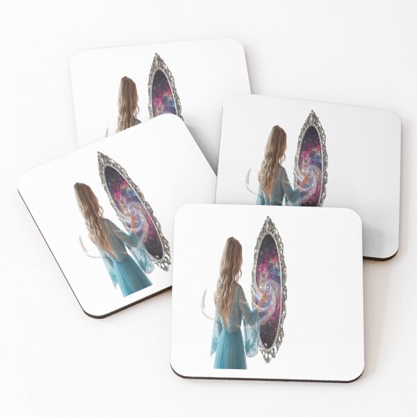 Item preview, Magical Portal to the Galaxy: Fantasy Woman Touching Cosmic Mirror Art Print designed and sold by AfresStudio.