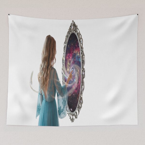 Item preview, Magical Portal to the Galaxy: Fantasy Woman Touching Cosmic Mirror Art Print designed and sold by AfresStudio.
