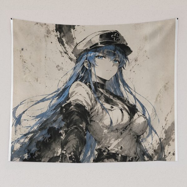 Item preview, Blue Haired Military Woman Ink Wash Anime Art – Dark Gothic Warrior Portrait designed and sold by Dyan4.