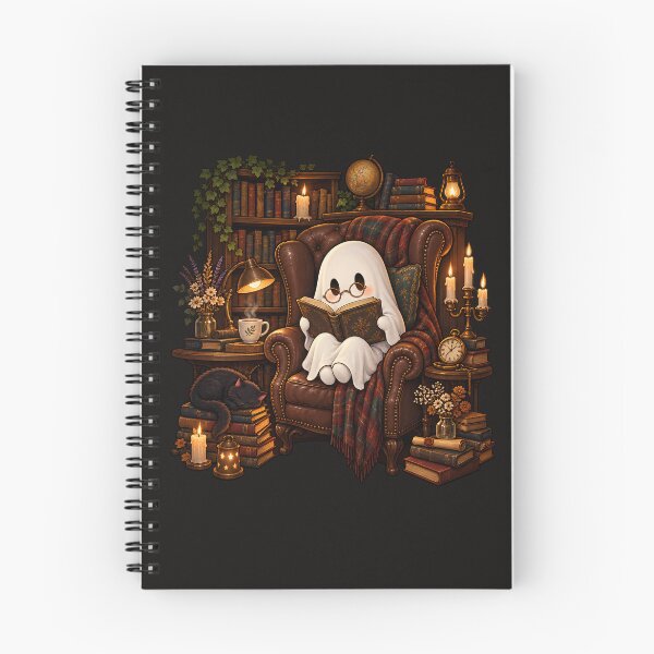 Item preview, Cute Ghost Reading in Leather Armchair with Black Cat Dark Academia Aesthetic designed and sold by MCV-Designs.
