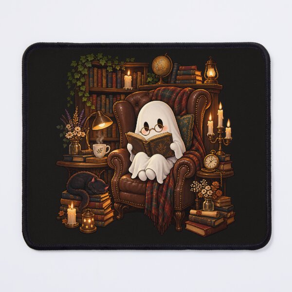 Item preview, Cute Ghost Reading in Leather Armchair with Black Cat Dark Academia Aesthetic designed and sold by MCV-Designs.