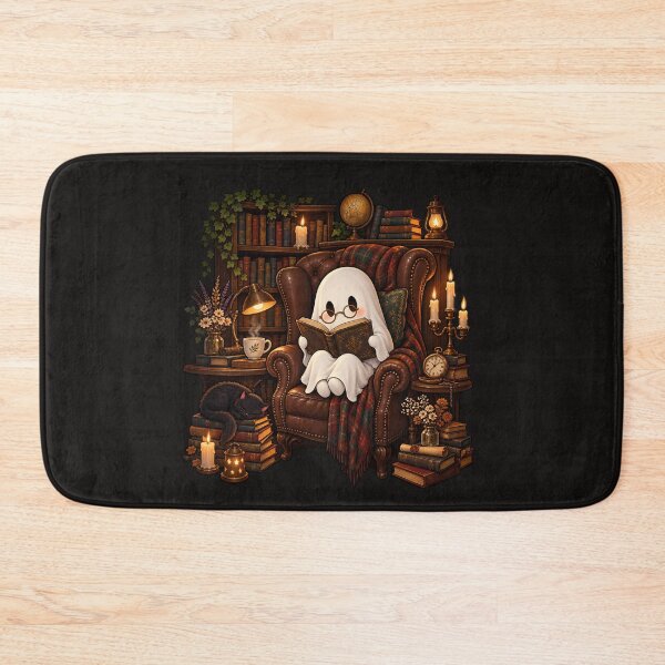 Item preview, Cute Ghost Reading in Leather Armchair with Black Cat Dark Academia Aesthetic designed and sold by MCV-Designs.