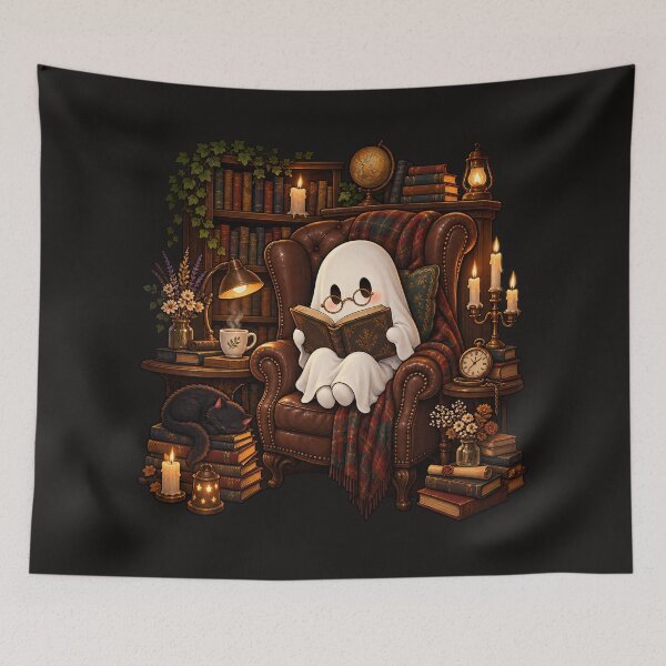Item preview, Cute Ghost Reading in Leather Armchair with Black Cat Dark Academia Aesthetic designed and sold by MCV-Designs.