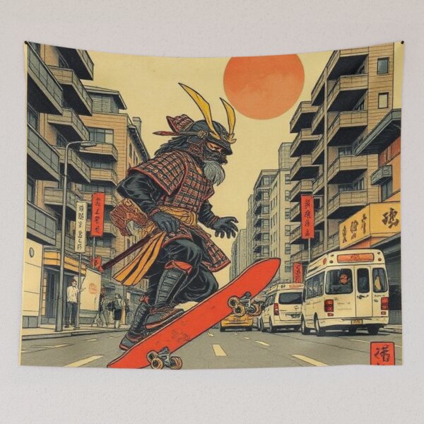Item preview, Vintage Japanese Samurai on a Skateboard ukiyo-e designed and sold by Asiantrendzz.