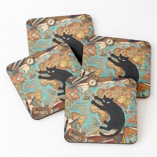 Item preview, Travel Black Cat Scratching Vintage Map Matisse Style Print designed and sold by DuckOddity.