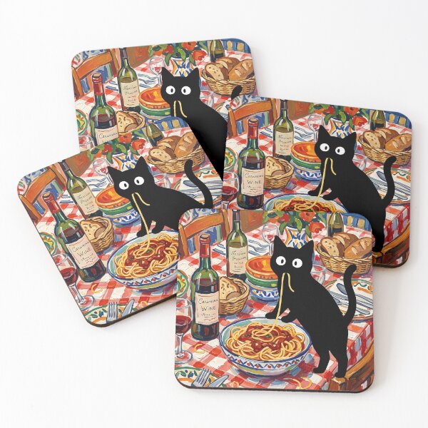 Item preview, Funny Black Cat Eating Spaghetti Noodle Matisse Style Print designed and sold by DuckOddity.