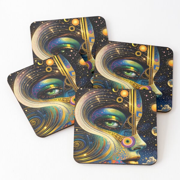 Item preview, Cosmic Woman Face with Green Eye – Celestial Surreal Fantasy Art Print designed and sold by Kaleidoscope Print.