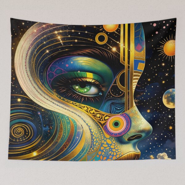 Item preview, Cosmic Woman Face with Green Eye – Celestial Surreal Fantasy Art Print designed and sold by Kaleidoscope Print.