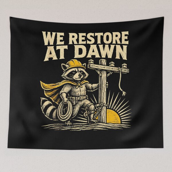 Item preview, We Restore At Dawn Raccoon Lineman Hard Hat Utility Worker Fan Apparel designed and sold by slmfams.