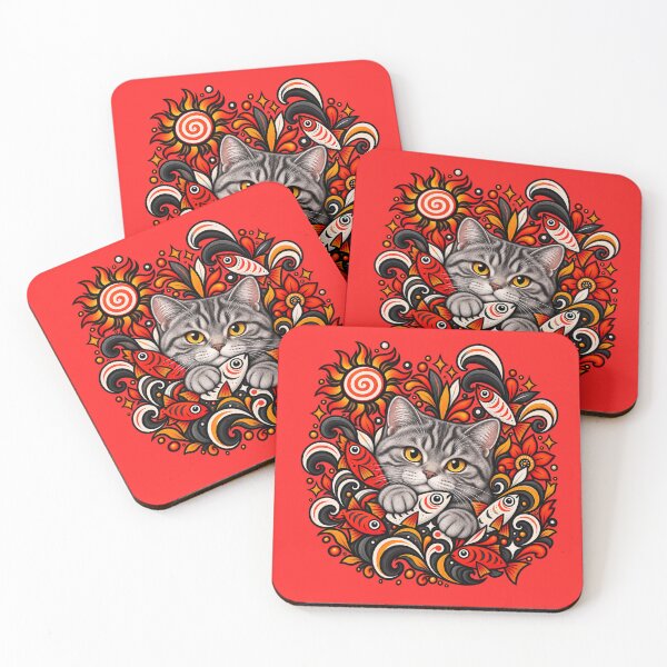 Item preview, Grey Tabby Cat Floral Art - Fish & Swirls Decor designed and sold by PixelsPaws.