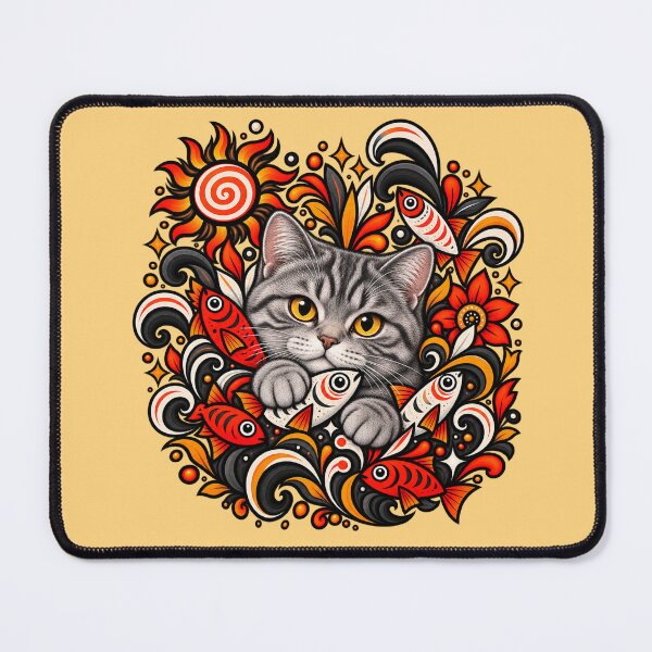 Item preview, Grey Tabby Cat Floral Art - Fish & Swirls Decor designed and sold by PixelsPaws.