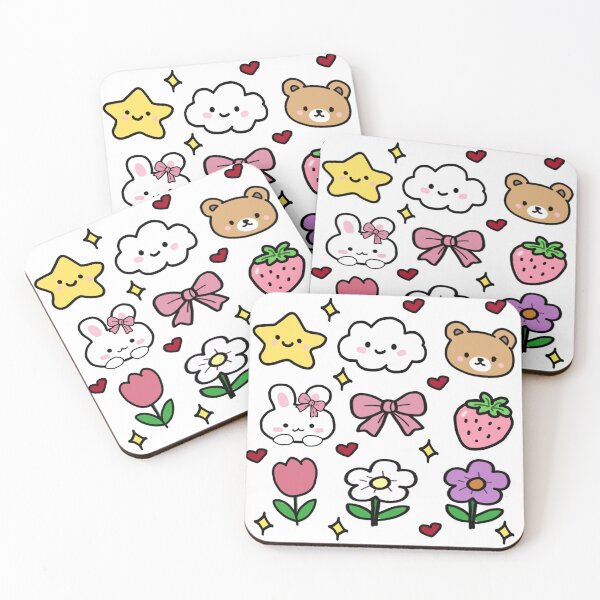 Item preview, Cute kawaii sticker sheet, hand drawn teddy bear, bunny, strawberry, ribbon bow, and flowers bundle designed and sold by Manyart13031992.