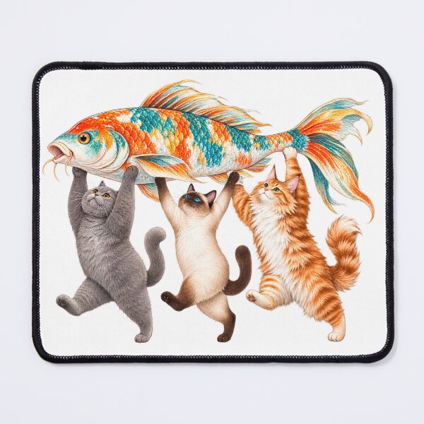 Item preview, Three Cats Carrying Big Fish Watercolor designed and sold by VGAfanatic.