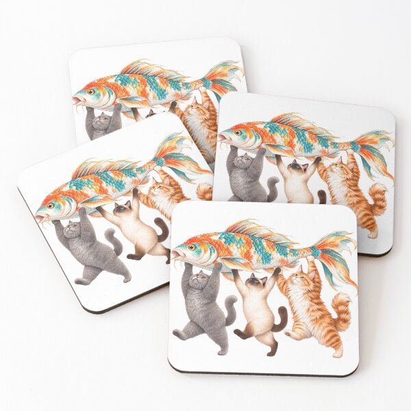 Item preview, Three Cats Carrying Big Fish Watercolor designed and sold by VGAfanatic.