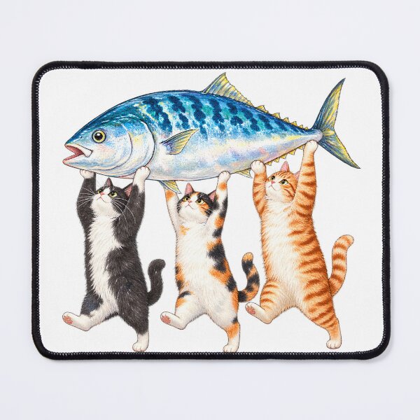 Item preview, Three Cats Carrying Big Fish Watercolor designed and sold by VGAfanatic.