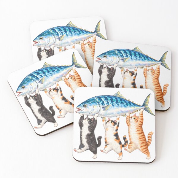 Item preview, Three Cats Carrying Big Fish Watercolor designed and sold by VGAfanatic.
