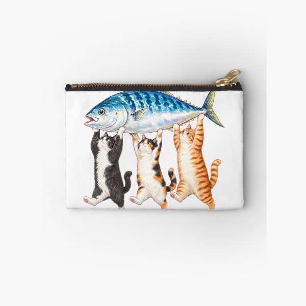 Item preview, Three Cats Carrying Big Fish Watercolor designed and sold by VGAfanatic.