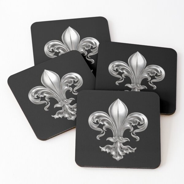Item preview, Silver Fleur De Lys Black Background Curly Baroque Royal Emblem designed and sold by ProjectNoah.