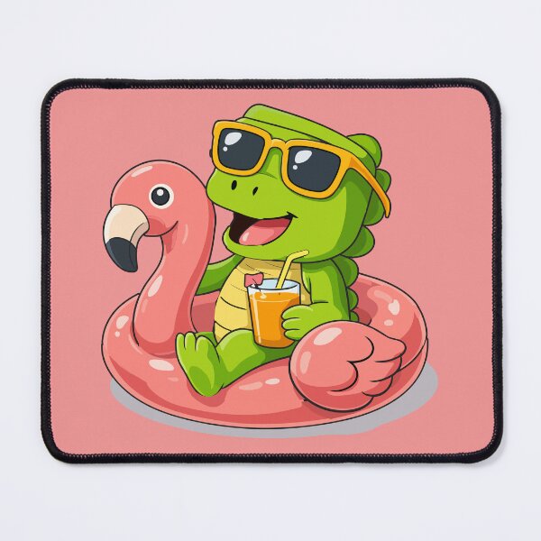 Item preview, Cute Cartoon Dinosaur Relaxing on Pink Flamingo Pool Float with Tropical Drink designed and sold by merona-design.
