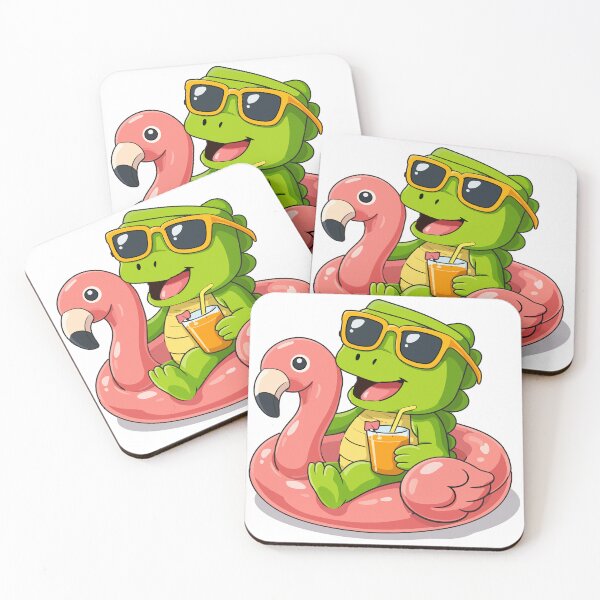 Item preview, Cute Cartoon Dinosaur Relaxing on Pink Flamingo Pool Float with Tropical Drink designed and sold by merona-design.
