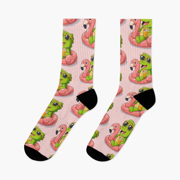 Item preview, Cute Cartoon Dinosaur Relaxing on Pink Flamingo Pool Float with Tropical Drink designed and sold by merona-design.