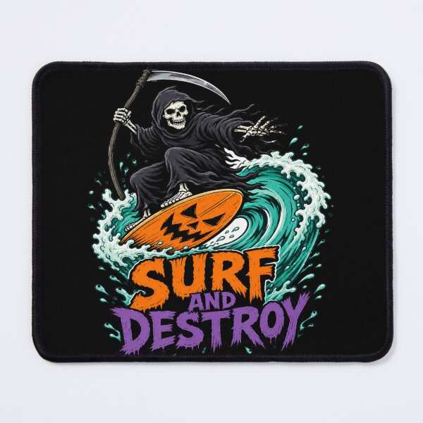 Item preview, Surf And Destroy Grim Reaper Pumpkin Surfboard Graphic Tee designed and sold by Design Vibras.