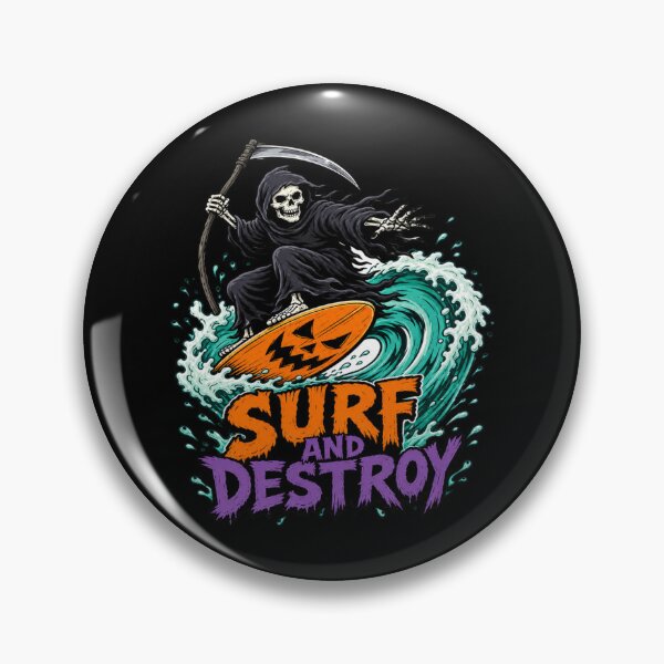 Item preview, Surf And Destroy Grim Reaper Pumpkin Surfboard Graphic Tee designed and sold by Design Vibras.