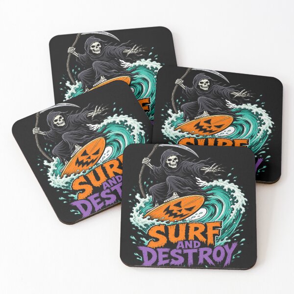 Item preview, Surf And Destroy Grim Reaper Pumpkin Surfboard Graphic Tee designed and sold by Design Vibras.