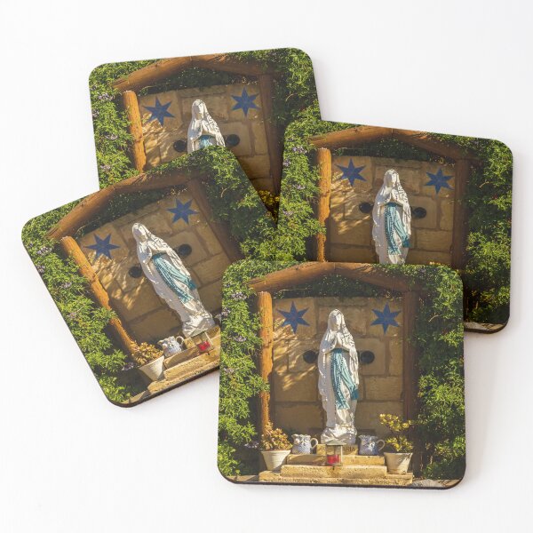 Item preview, Statue of Virgin Mary in Garden Shrine with Blue Stars and Lush Greenery designed and sold by Nmallia.