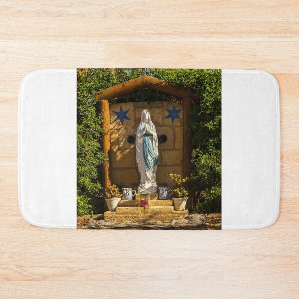 Item preview, Statue of Virgin Mary in Garden Shrine with Blue Stars and Lush Greenery designed and sold by Nmallia.
