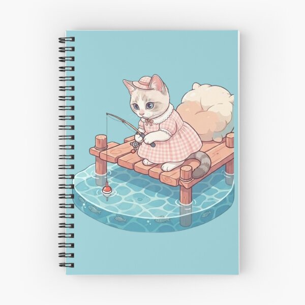 Item preview, Cute Fishing Cat Kawaii Kitty on Wooden Dock with Rod and Pillow designed and sold by PetalsPaws.