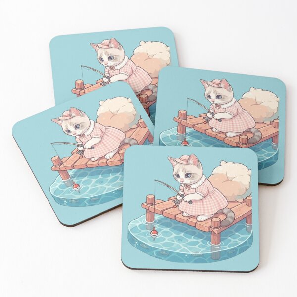 Item preview, Cute Fishing Cat Kawaii Kitty on Wooden Dock with Rod and Pillow designed and sold by PetalsPaws.