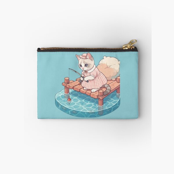 Item preview, Cute Fishing Cat Kawaii Kitty on Wooden Dock with Rod and Pillow designed and sold by PetalsPaws.