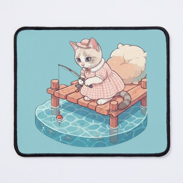 Item preview, Cute Fishing Cat Kawaii Kitty on Wooden Dock with Rod and Pillow designed and sold by PetalsPaws.
