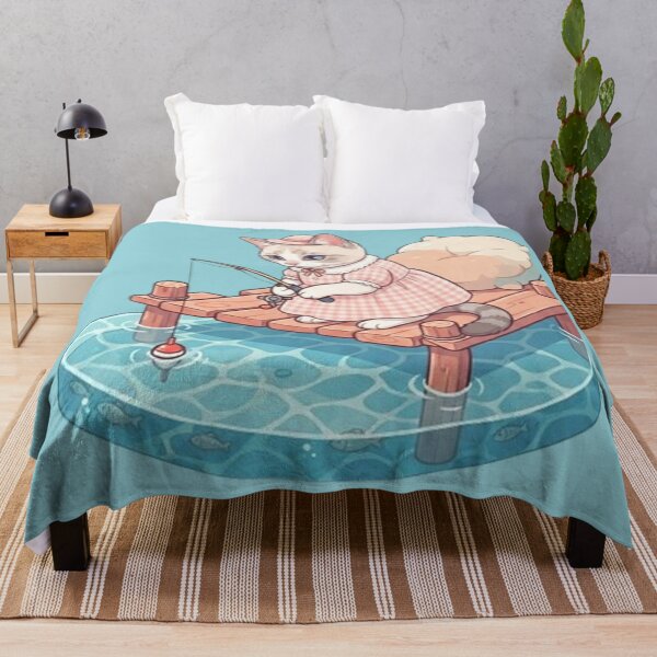 Item preview, Cute Fishing Cat Kawaii Kitty on Wooden Dock with Rod and Pillow designed and sold by PetalsPaws.