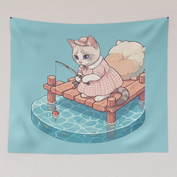 Item preview, Cute Fishing Cat Kawaii Kitty on Wooden Dock with Rod and Pillow designed and sold by PetalsPaws.
