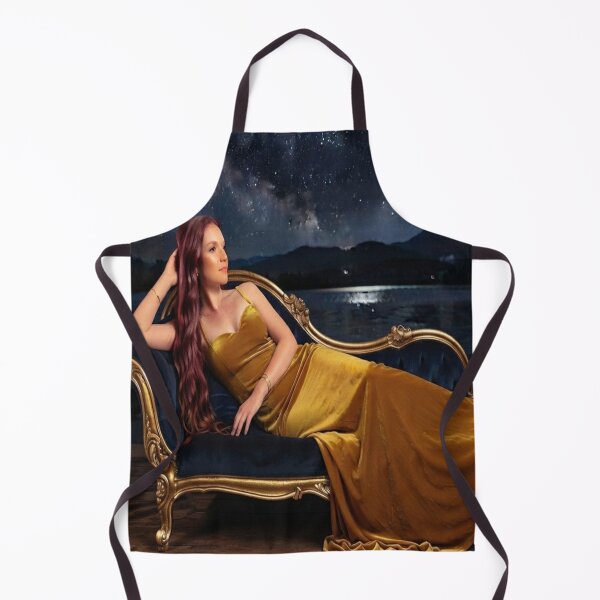 Item preview, Starlight Elegance: Woman in Gold Dress on Velvet Chaise Lounge Art Print designed and sold by AfresStudio.