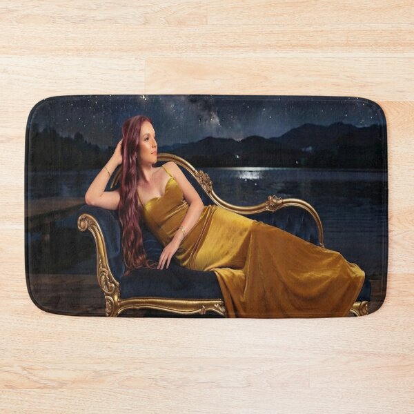 Item preview, Starlight Elegance: Woman in Gold Dress on Velvet Chaise Lounge Art Print designed and sold by AfresStudio.