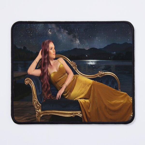 Item preview, Starlight Elegance: Woman in Gold Dress on Velvet Chaise Lounge Art Print designed and sold by AfresStudio.