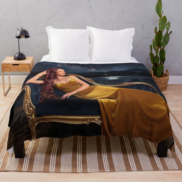 Item preview, Starlight Elegance: Woman in Gold Dress on Velvet Chaise Lounge Art Print designed and sold by AfresStudio.