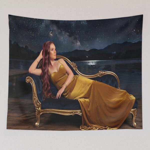 Item preview, Starlight Elegance: Woman in Gold Dress on Velvet Chaise Lounge Art Print designed and sold by AfresStudio.