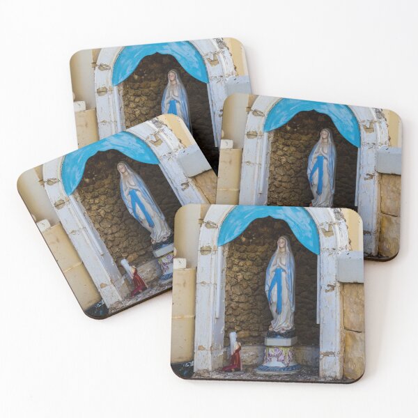 Item preview, Virgin Mary Statue in Stone Niche with Blue Canopy and Small Praying Figure Shrine Outdoor designed and sold by Nmallia.
