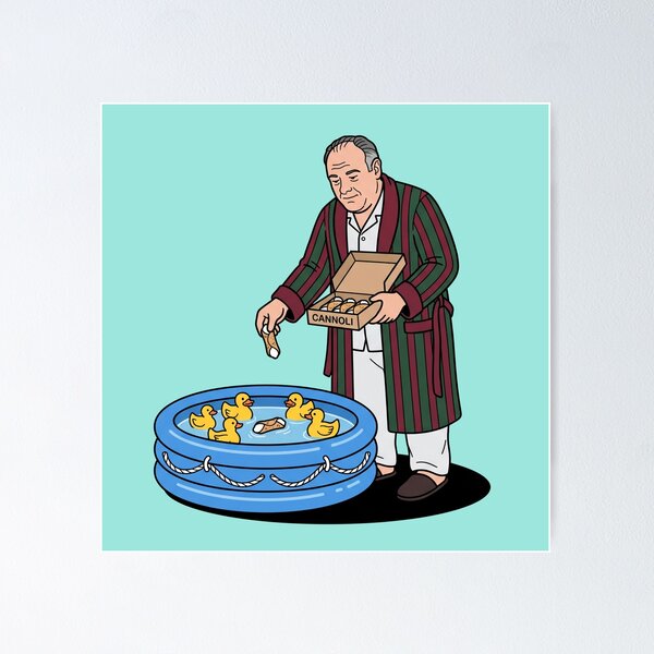 Aperçu de l'œuvre Parrain de la mafia donnant des cannoli à des canards dans une piscine, peignoir, parodie de série télévisée sur la mafia, pop art créée et vendue par Rare By Hero.