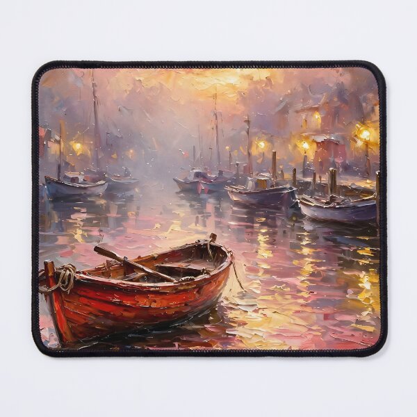 Item preview, Impressionist Harbor Oil Painting Crimson Sunset Boats designed and sold by Jozefin's Studio.