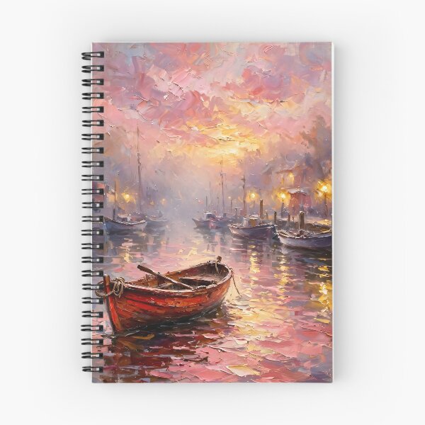 Item preview, Impressionist Harbor Oil Painting Crimson Sunset Boats designed and sold by Jozefin's Studio.