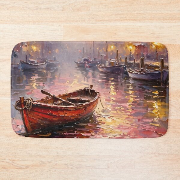 Item preview, Impressionist Harbor Oil Painting Crimson Sunset Boats designed and sold by Jozefin's Studio.