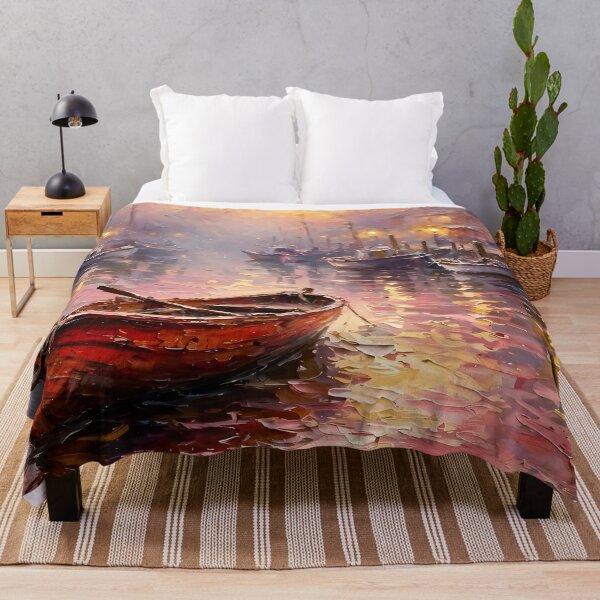 Item preview, Impressionist Harbor Oil Painting Crimson Sunset Boats designed and sold by Jozefin's Studio.