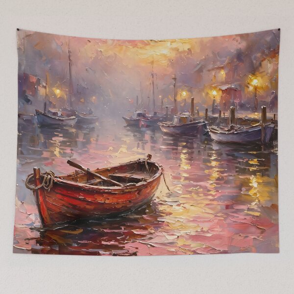 Item preview, Impressionist Harbor Oil Painting Crimson Sunset Boats designed and sold by Jozefin's Studio.