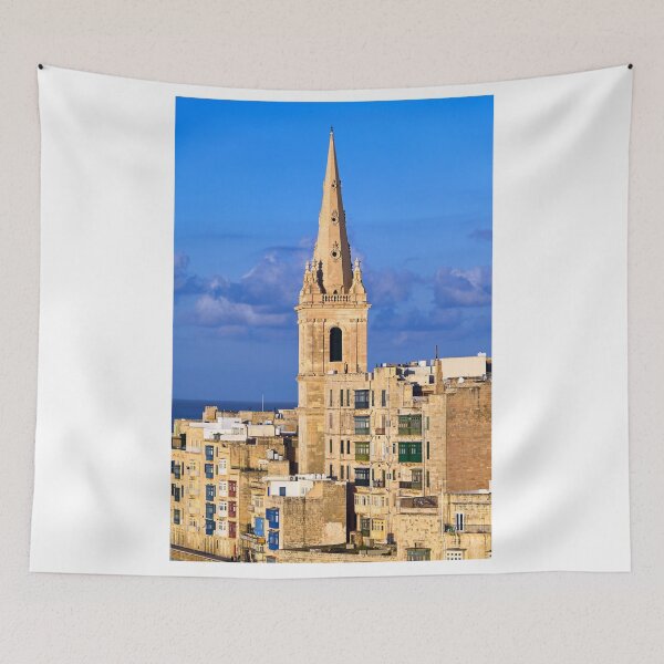 Item preview, Spire of St Paul's Pro-Cathedral and traditional maltese balconies in Valletta, Malta designed and sold by goceris.